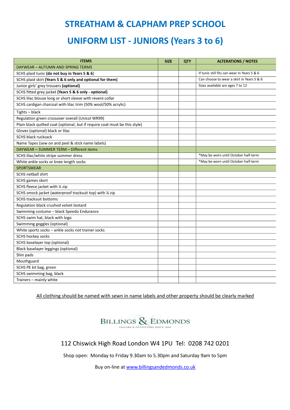 Streatham & Clapham Prep School Uniform List