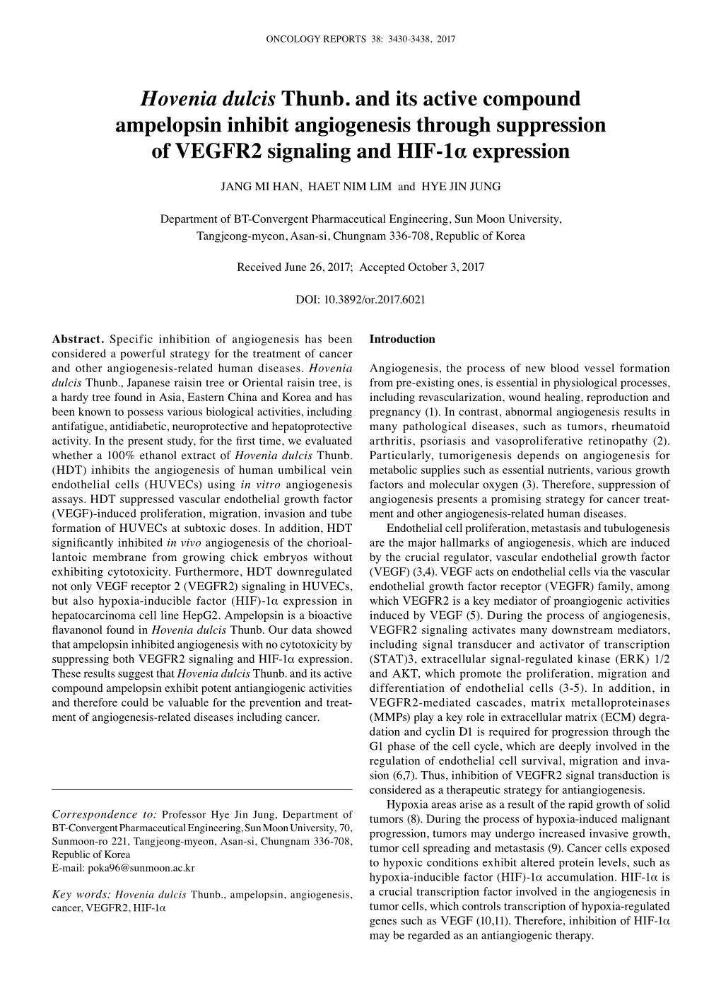 Hovenia Dulcis Thunb. and Its Active Compound Ampelopsin Inhibit Angiogenesis Through Suppression of VEGFR2 Signaling and HIF-1Α Expression