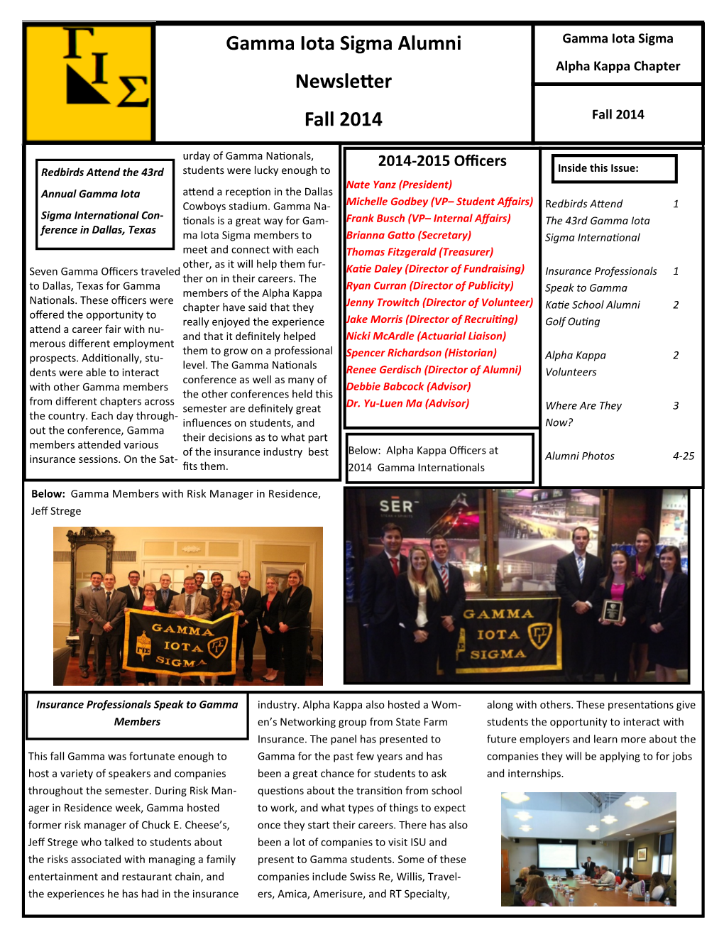 Gamma Iota Sigma Alumni Newsletter Fall 2014