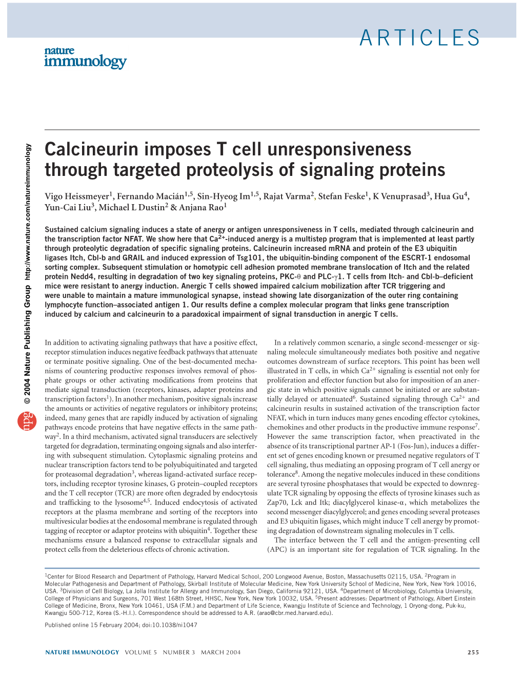 Calcineurin Imposes T Cell Unresponsiveness Through Targeted Proteolysis of Signaling Proteins