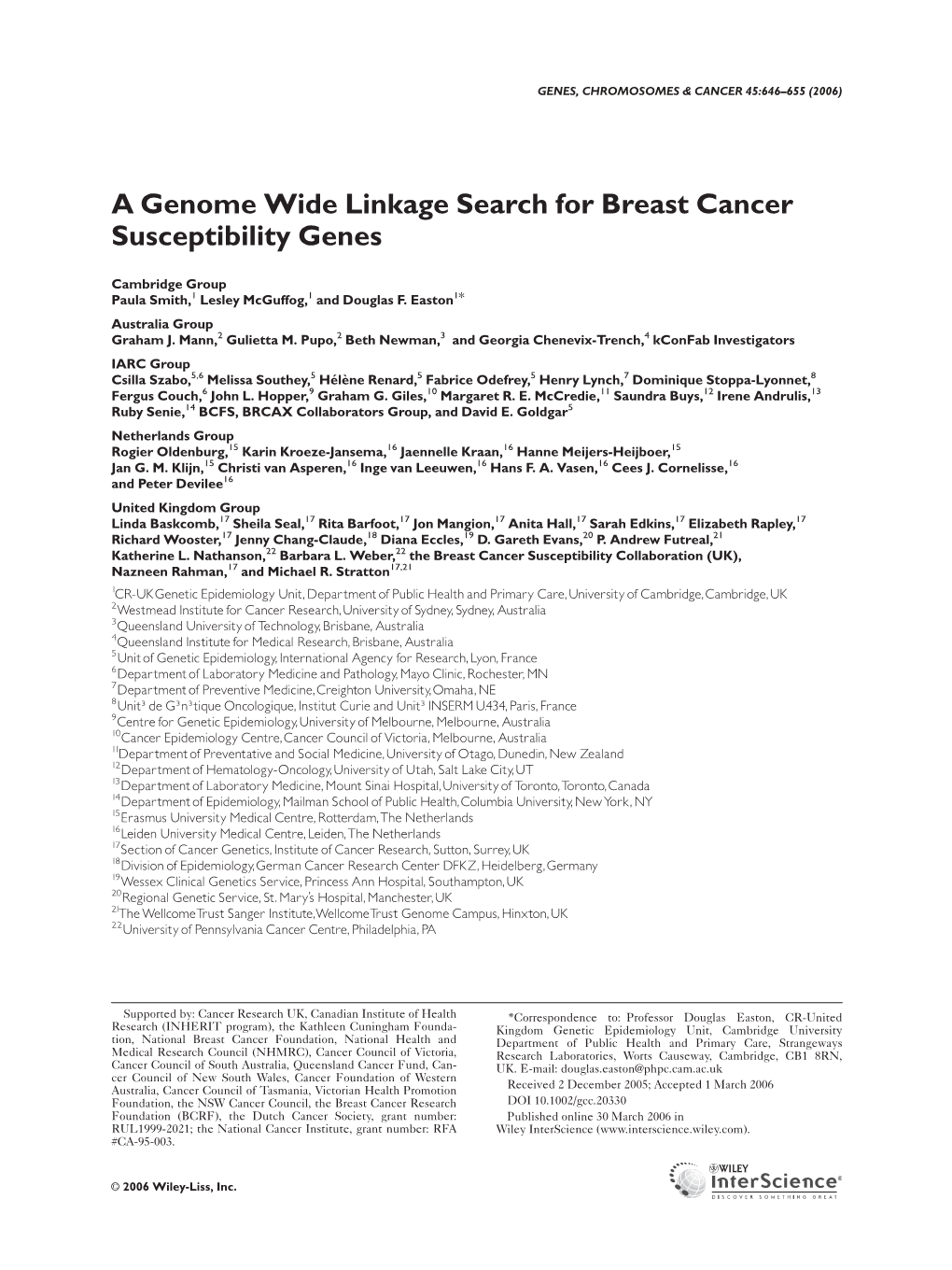 A Genome Wide Linkage Search for Breast Cancer Susceptibility Genes