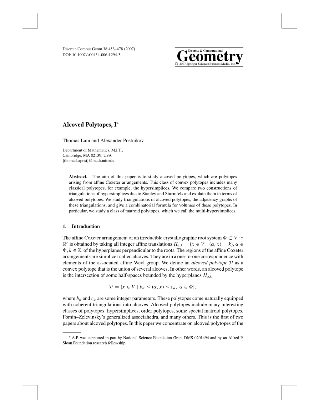 Alcoved Polytopes, I∗