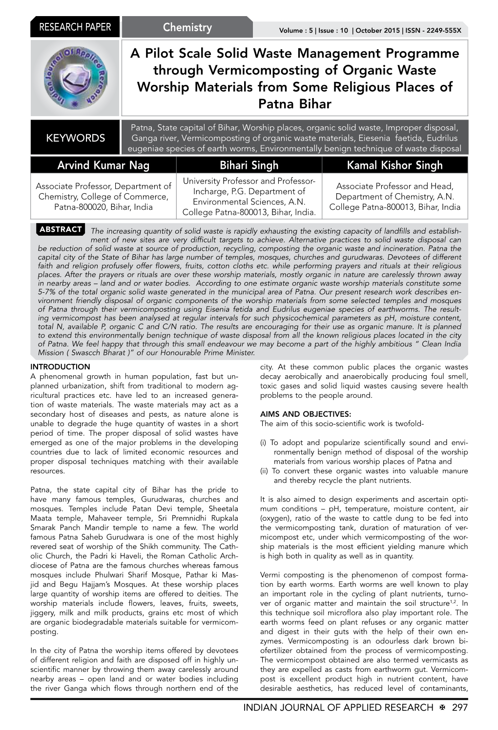 A Pilot Scale Solid Waste Management Programme Through Vermicomposting of Organic Waste Worship Materials from Some Religious Places of Patna Bihar