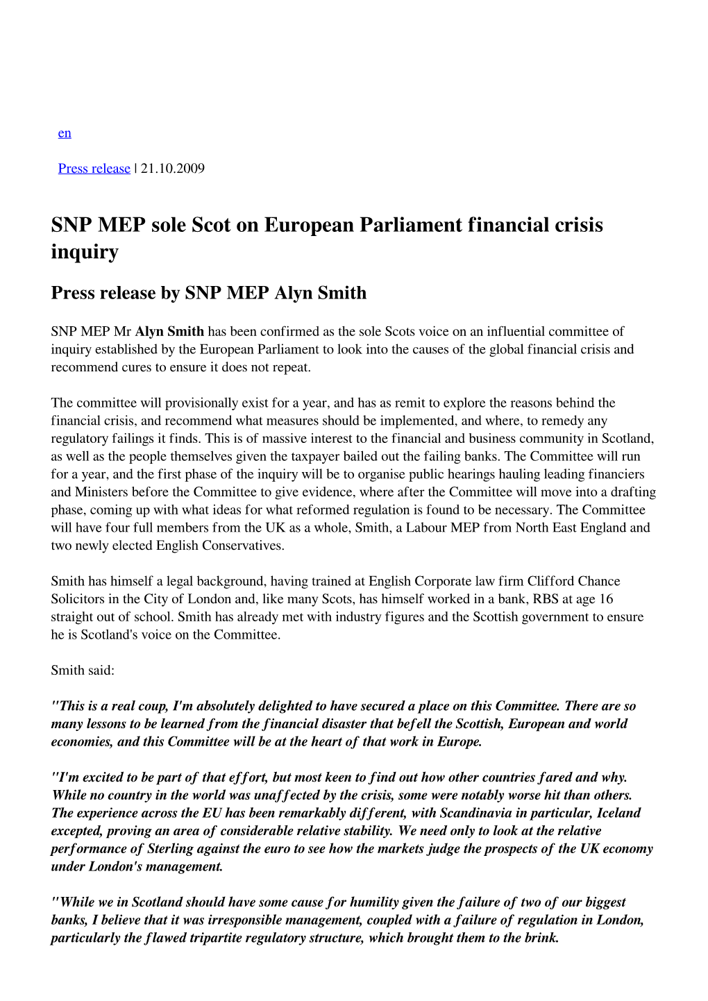 SNP MEP Sole Scot on European Parliament Financial Crisis Inquiry