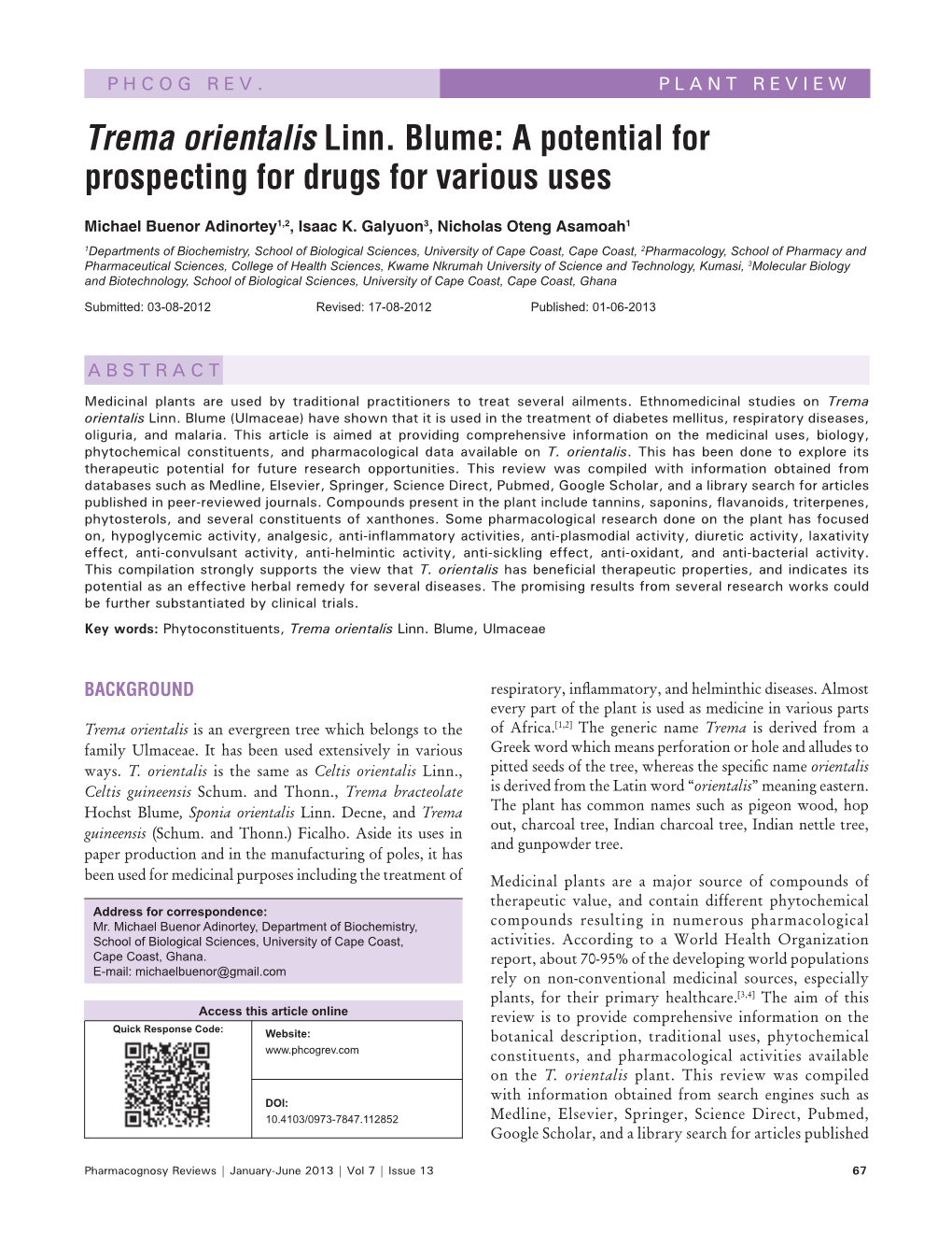 Trema Orientalis Linn. Blume: a Potential for Prospecting for Drugs for Various Uses