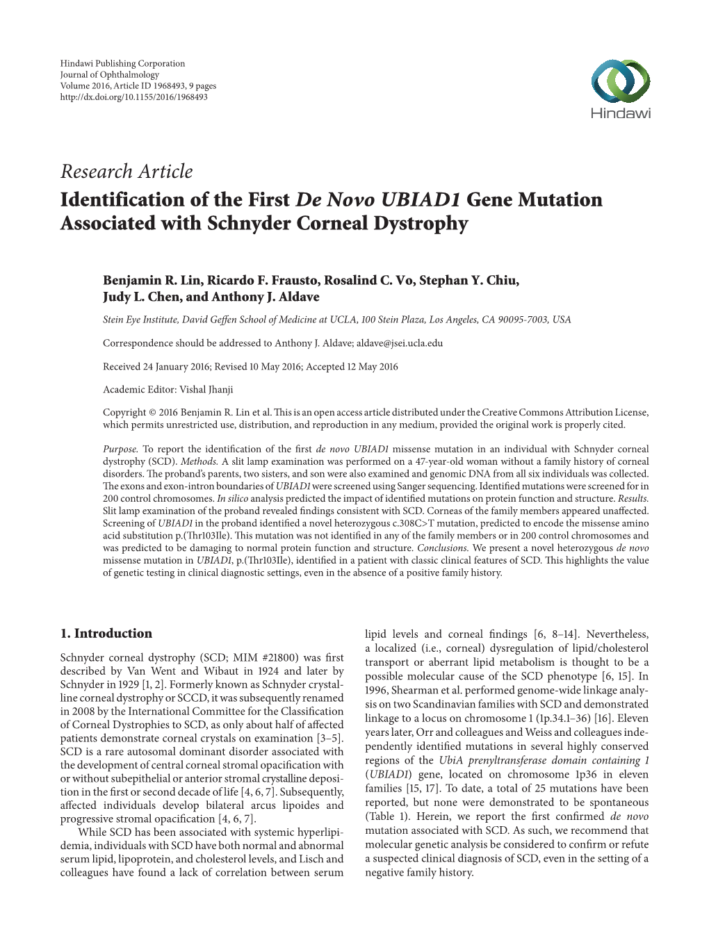 Identification of the First De Novo UBIAD1 Gene Mutation Associated with Schnyder Corneal Dystrophy