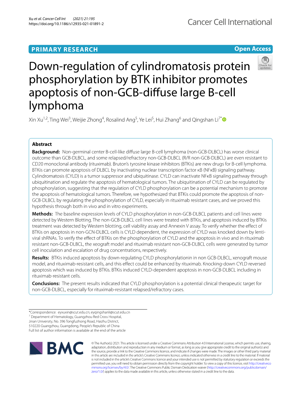 Down-Regulation of Cylindromatosis Protein Phosphorylation by BTK Inhibitor Promotes Apoptosis of Non-GCB-Diffuse Large B-Cell L