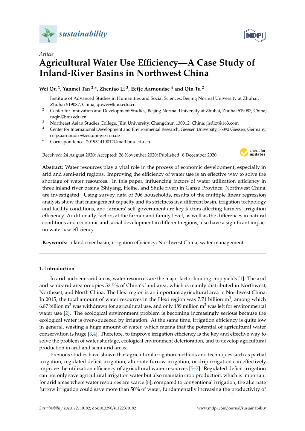 Agricultural Water Use Efficiency—A Case Study of Inland-River Basins