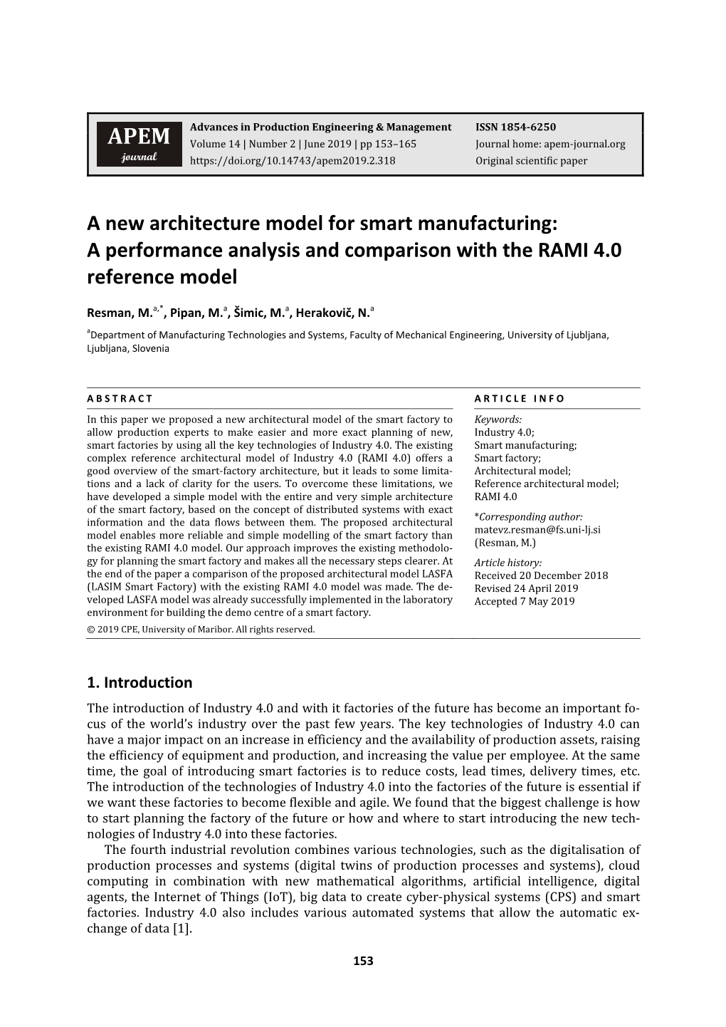 A New Architecture Model for Smart Manufacturing: a Performance Analysis and Comparison with the RAMI 4.0 Reference Model