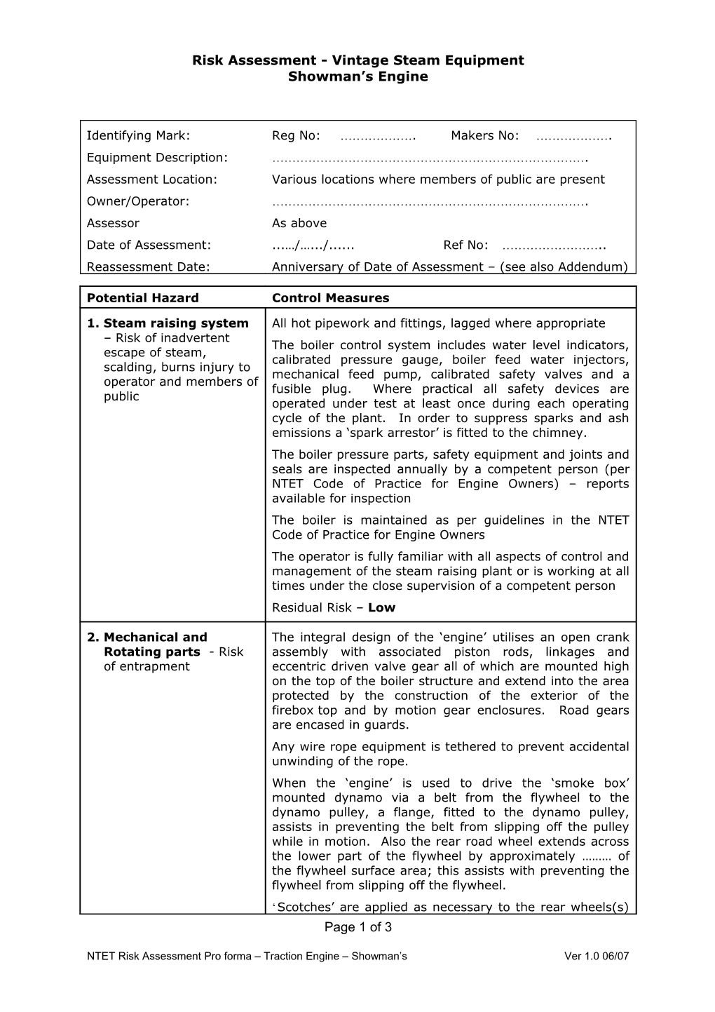 Risk Assessment - Vintage Steam Equipment