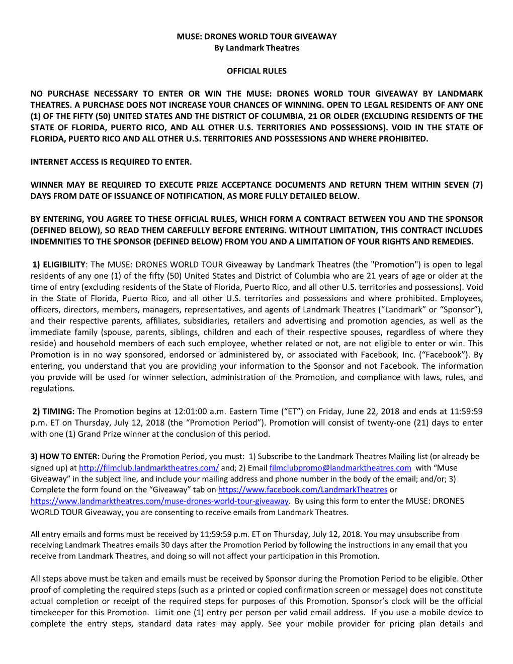 MUSE: DRONES WORLD TOUR GIVEAWAY by Landmark Theatres OFFICIAL RULES NO PURCHASE NECESSARY to ENTER OR WIN the MUSE: DRONES WORL