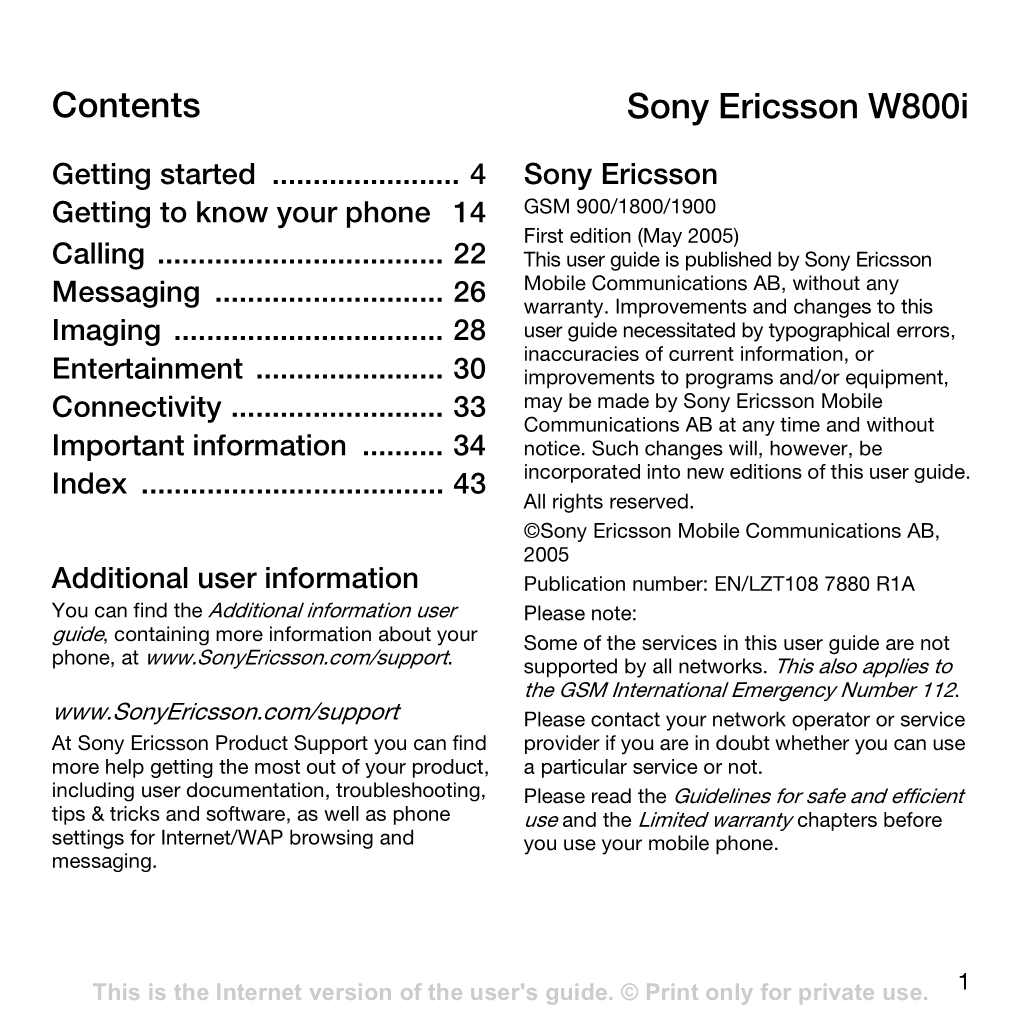 Contents Sony Ericsson W800i