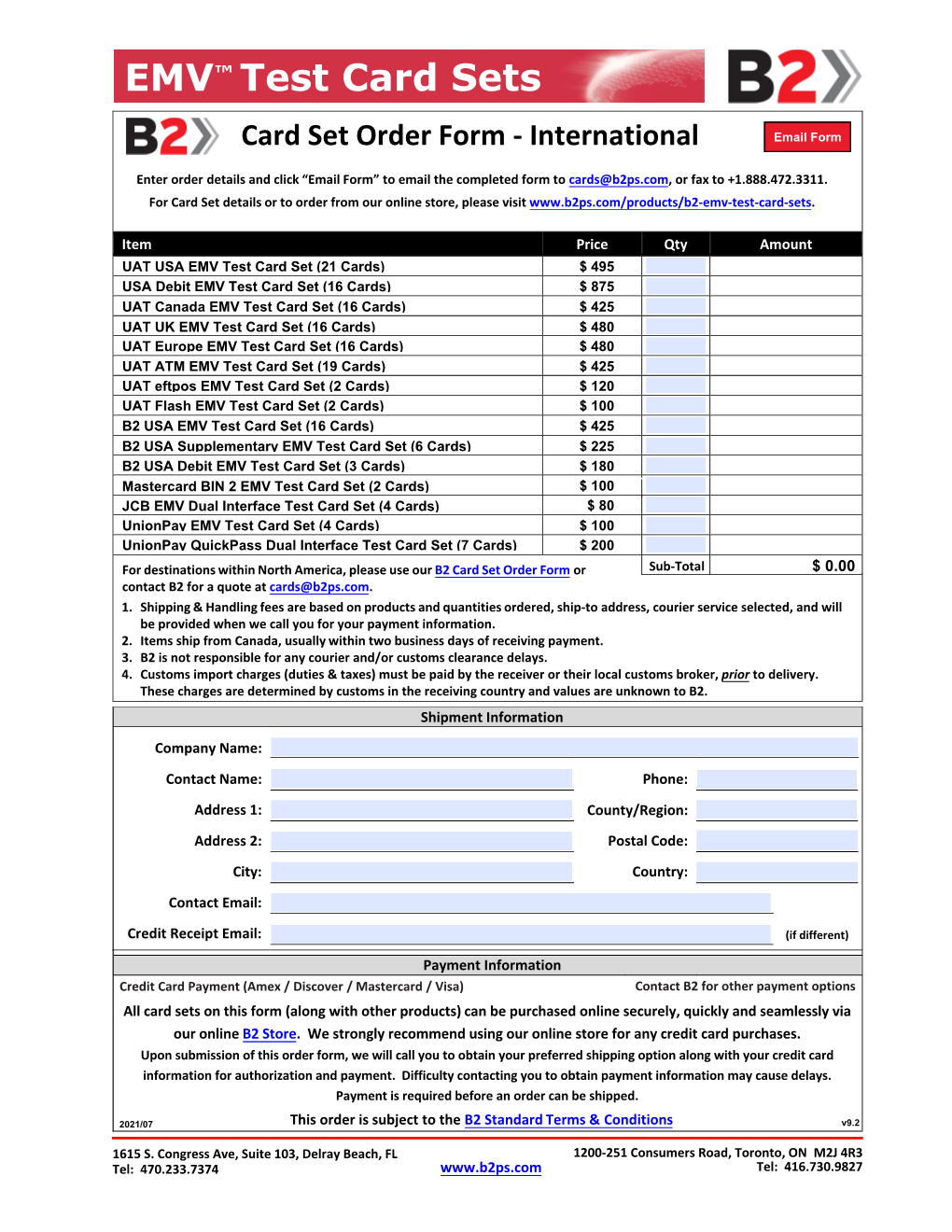 EMV™ Test Card Sets Card Set Order Form - International