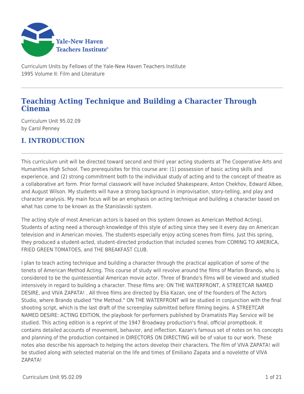 Teaching Acting Technique and Building a Character Through Cinema