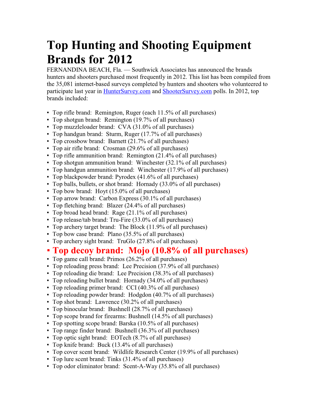 Top Hunting and Shooting Equipment Brands for 2012 FERNANDINA BEACH, Fla