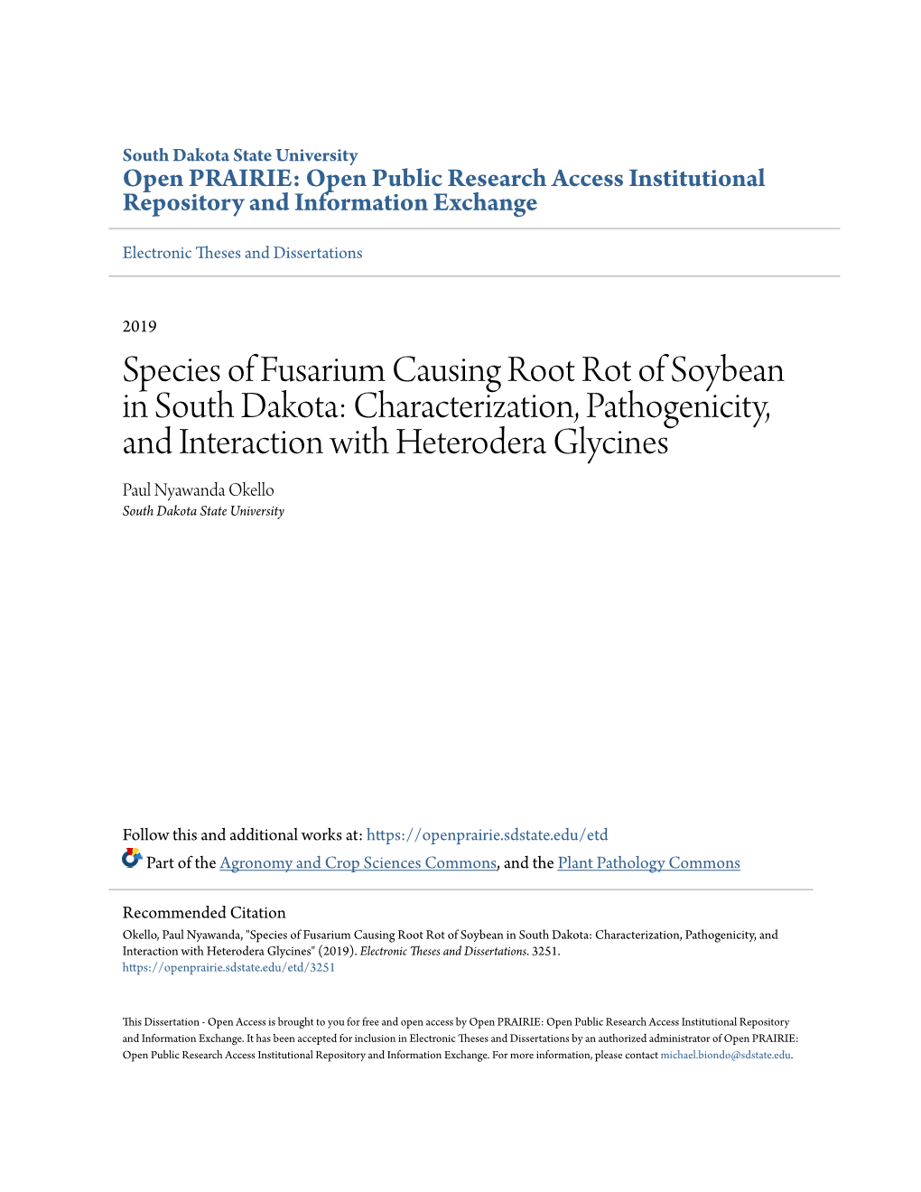 Species of Fusarium Causing Root Rot of Soybean in South Dakota