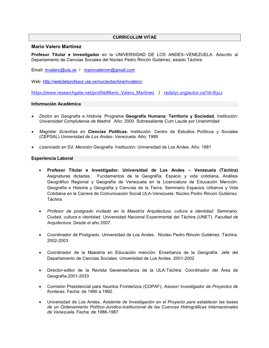 Mario Valero Martínez Profesor Titular E Investigador En La UNIVERSIDAD DE LOS ANDES–VENEZUELA