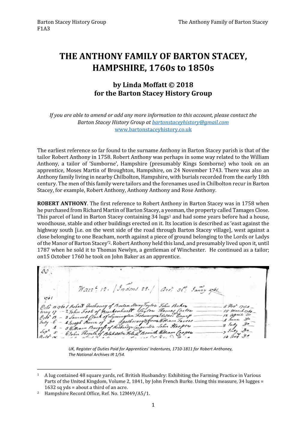 THE ANTHONY FAMILY of BARTON STACEY, HAMPSHIRE, 1760S to 1850S