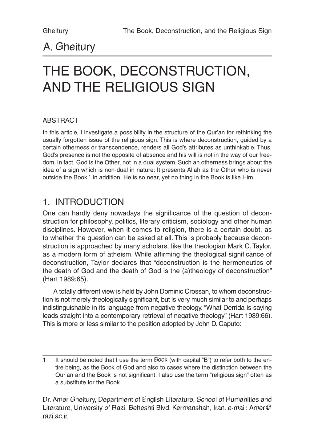 The Book, Deconstruction, and the Religious Sign A