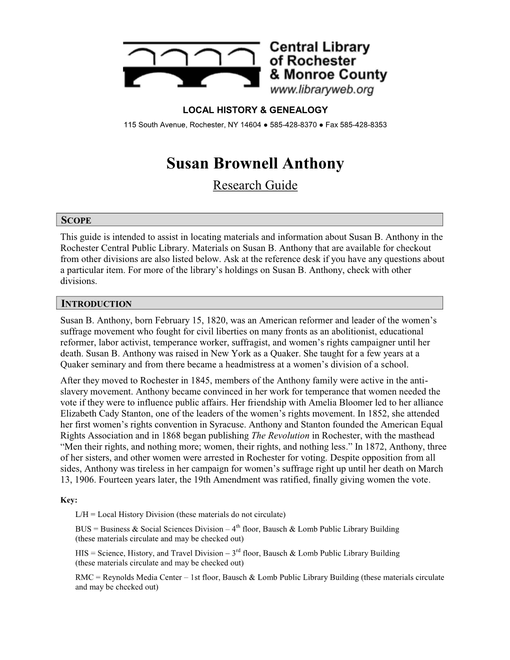 Susan Brownell Anthony Research Guide