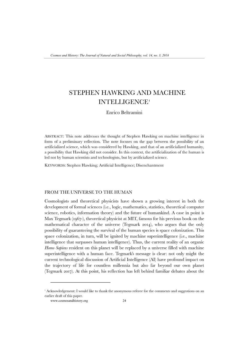 STEPHEN HAWKING and MACHINE INTELLIGENCE1 Enrico Beltramini