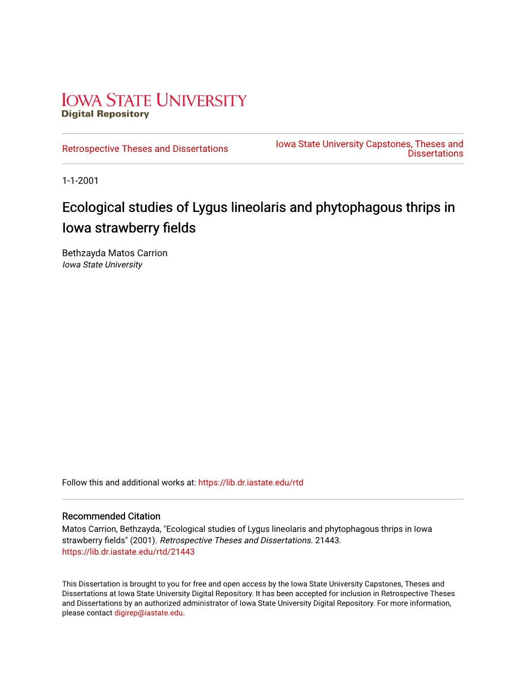 Ecological Studies of Lygus Lineolaris and Phytophagous Thrips in Iowa Strawberry Fields