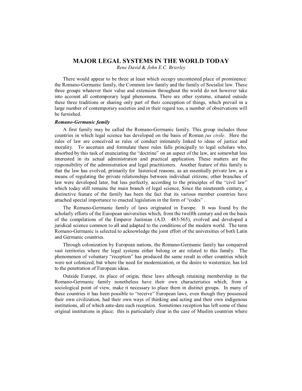 MAJOR LEGAL SYSTEMS in the WORLD TODAY Rene David & John E.C