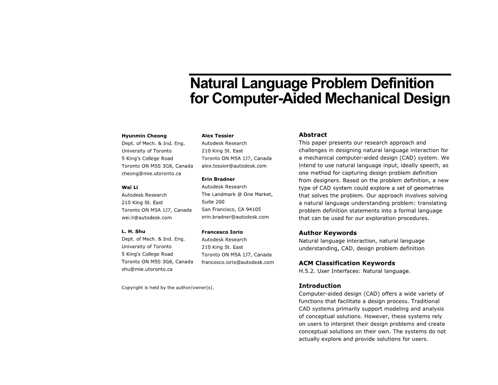 Natural Language Problem Definition for Computer-Aided Mechanical Design