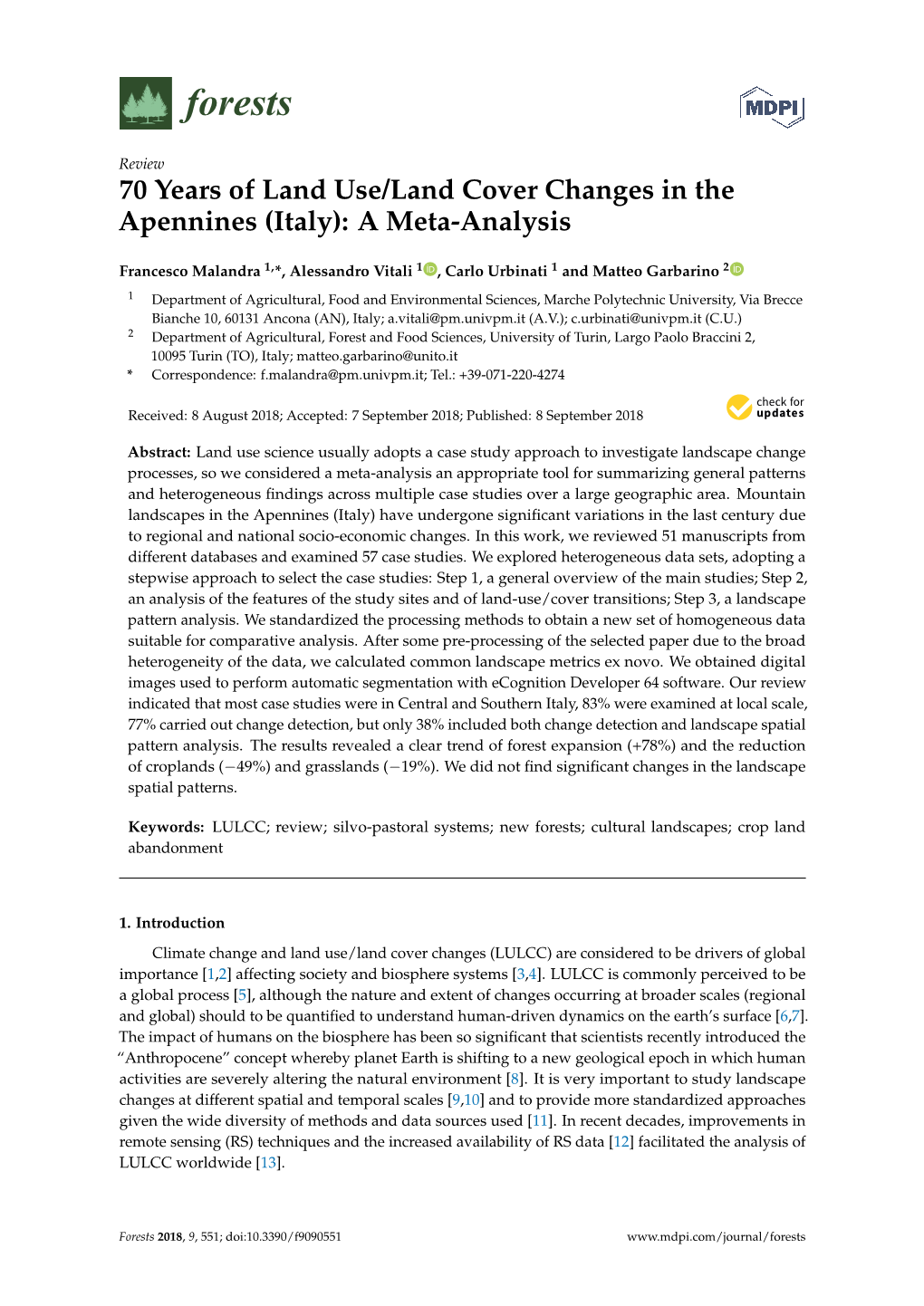 70 Years of Land Use/Land Cover Changes in the Apennines (Italy): a Meta-Analysis