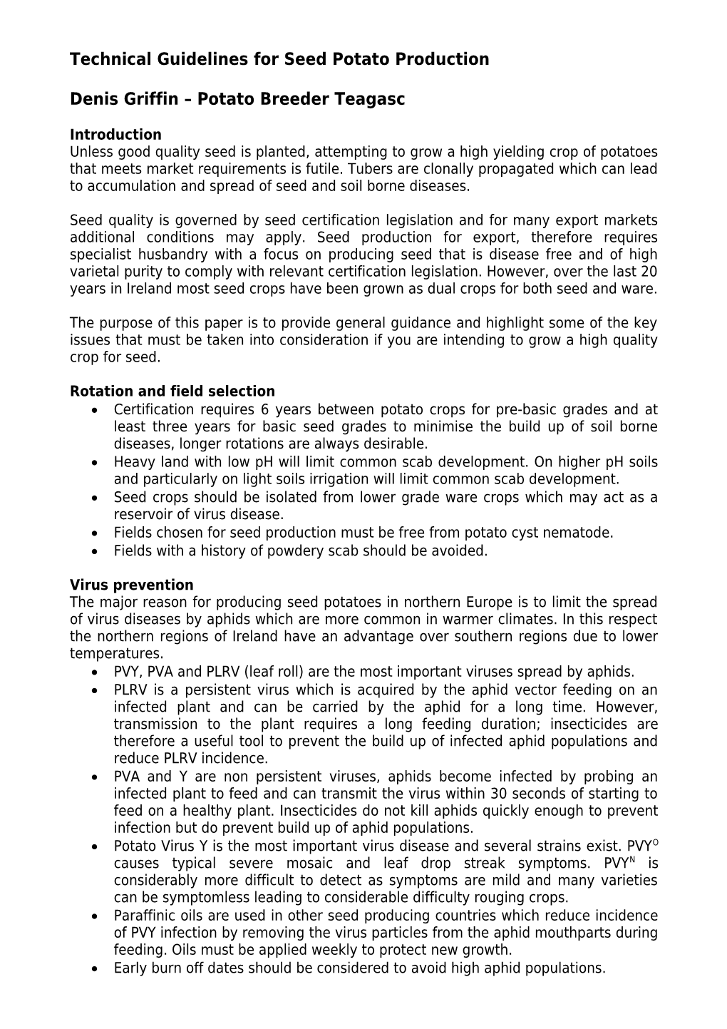 Technical Guidelines for Seed Potato Production