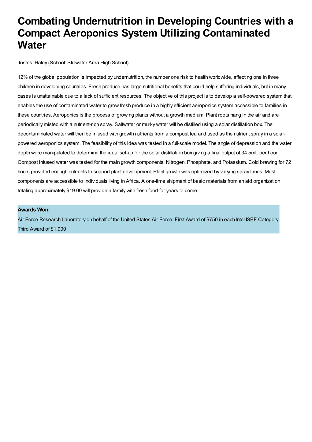 Combating Undernutrition in Developing Countries with a Compact Aeroponics System Utilizing Contaminated Water