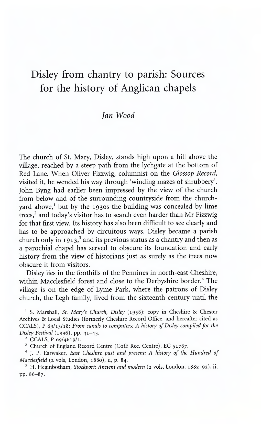 Disley from Chantry to Parish: Sources for the History of Anglican Chapels