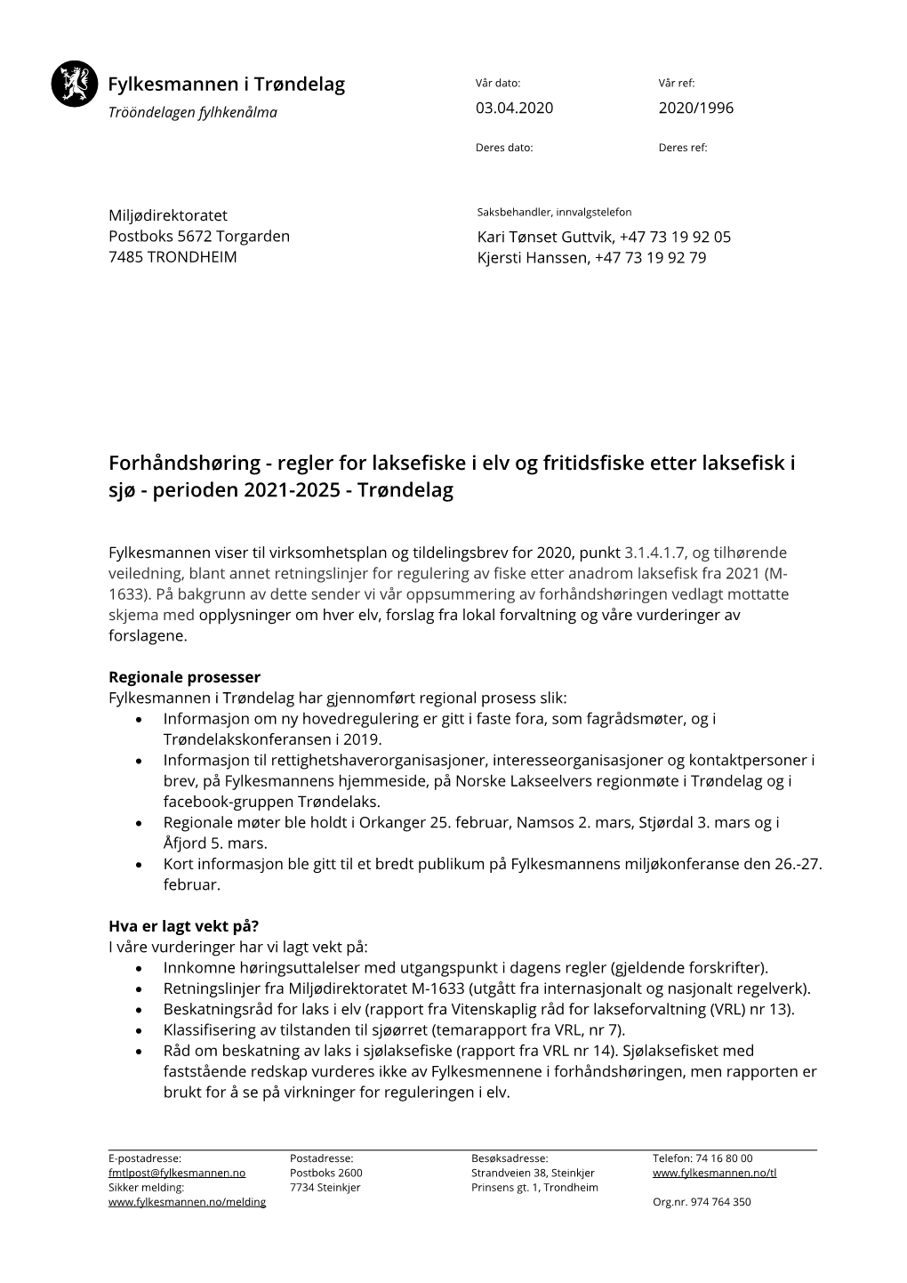 Regler for Laksefiske I Elv Og Fritidsfiske Etter Laksefisk I Sjø - Perioden 2021-2025 - Trøndelag