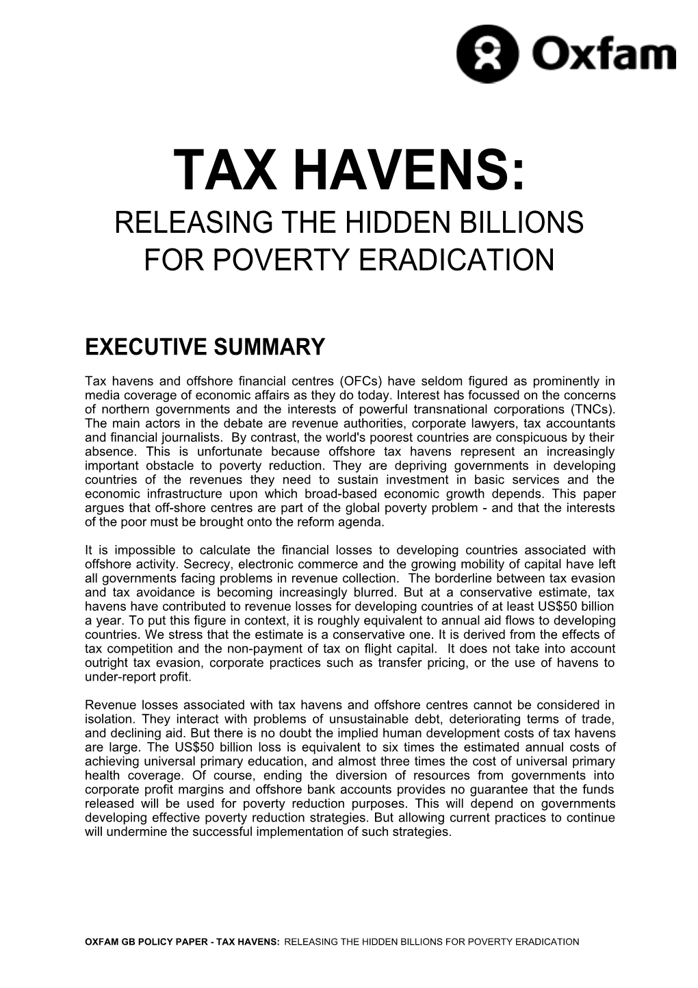 Tax Havens: Releasing the Hidden Billions for Poverty Eradication