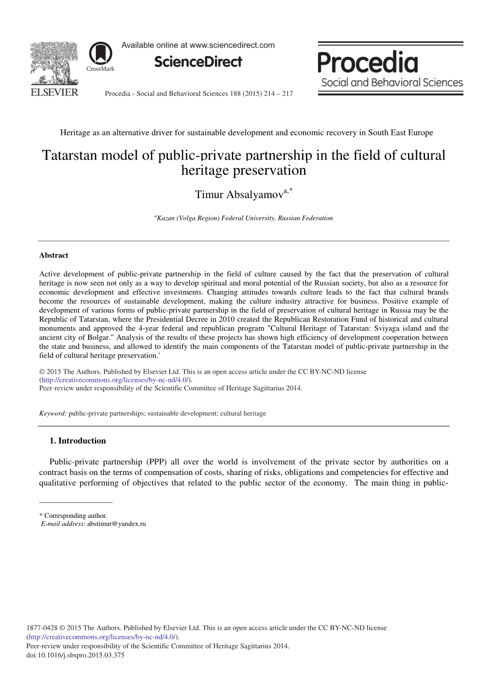 Tatarstan Model of Public-Private Partnership in the Field of Cultural Heritage Preservation