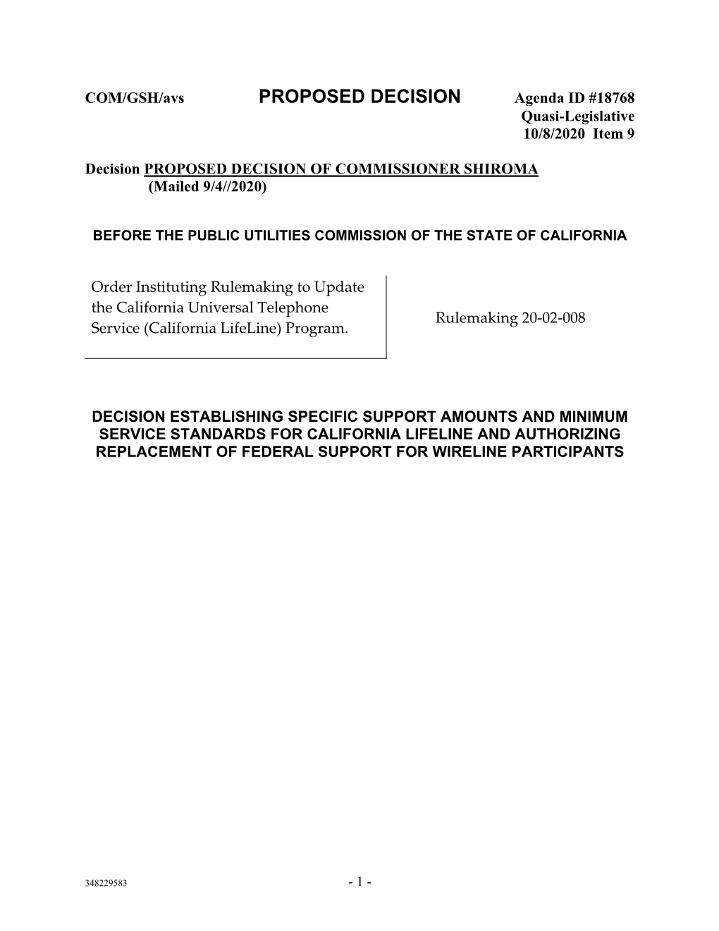 PROPOSED DECISION Agenda ID #18768 Quasi-Legislative 10/8/2020 Item 9