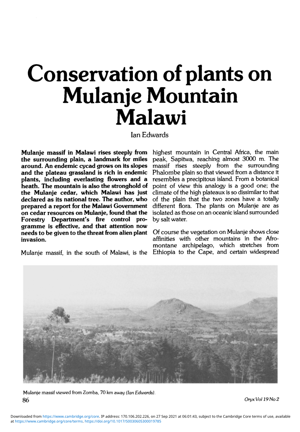 Conservation of Plants on Mulanje Mountain Malawi Ian Edwards