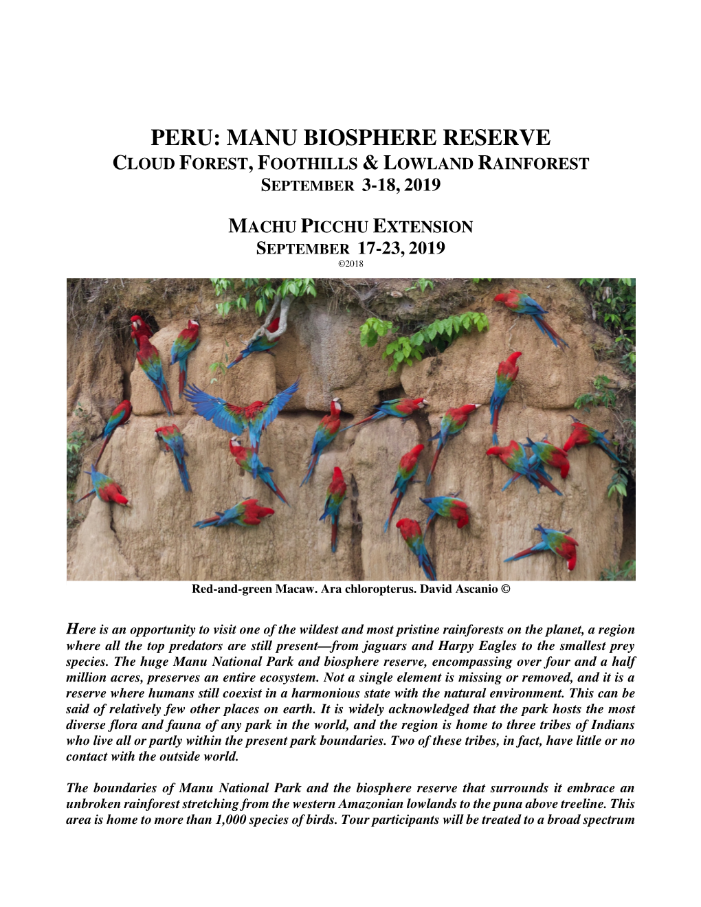 Peru: Manu Biosphere Reserve Cloud Forest , Foothills & Lowland Rainforest September 3-18, 2019