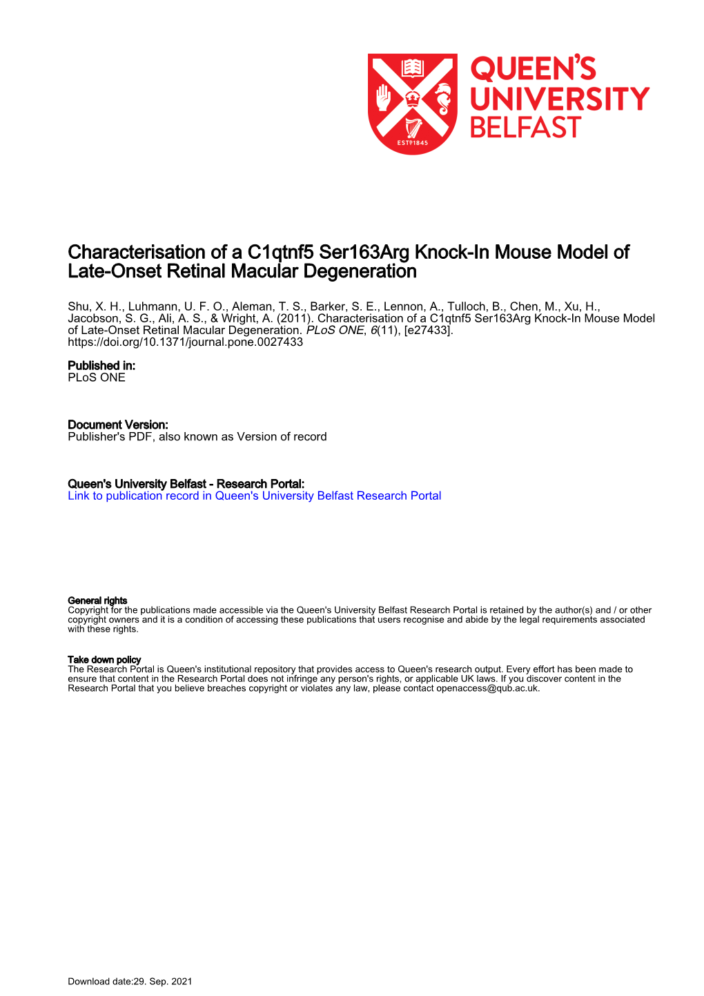 Characterisation of a C1qtnf5 Ser163arg Knock-In Mouse Model of Late-Onset Retinal Macular Degeneration