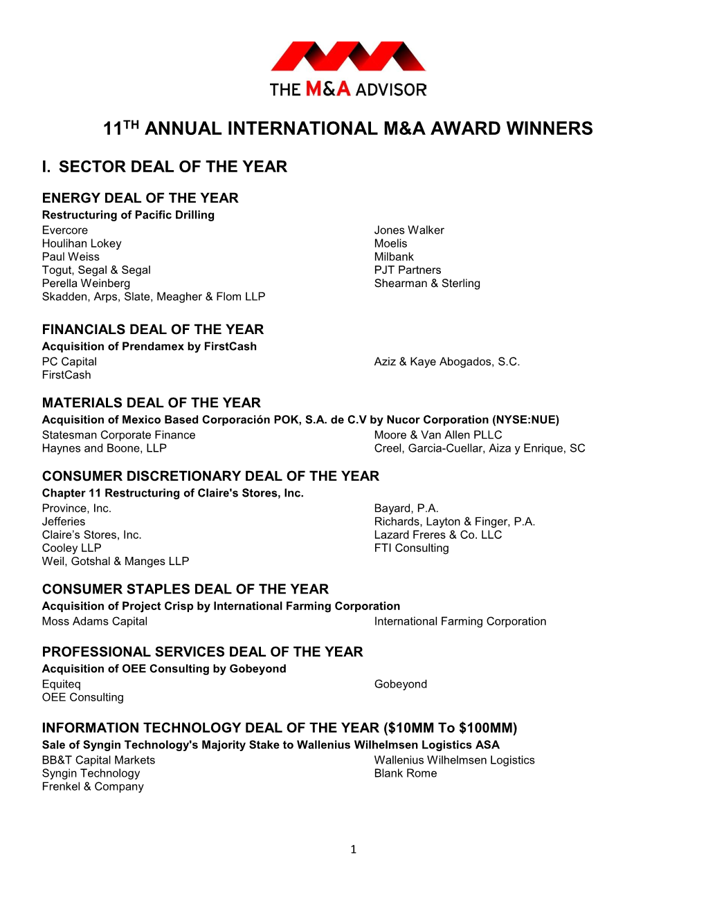 11Th Annual International M&A Award Winners