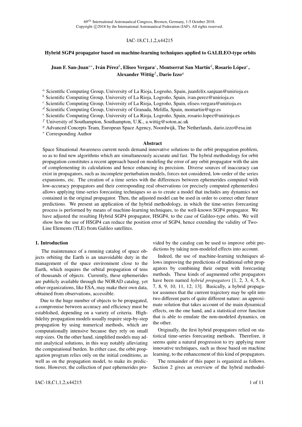 Hybrid SGP4 Propagator Based on Machine-Learning Techniques Applied to GALILEO-Type Orbits Juan F. San-Juana∗, Iván Pérezb