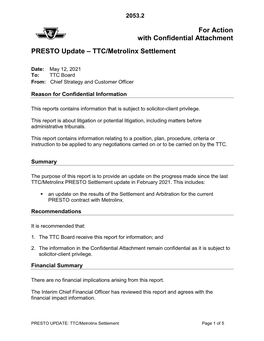 PRESTO Update – TTC/Metrolinx Settlement