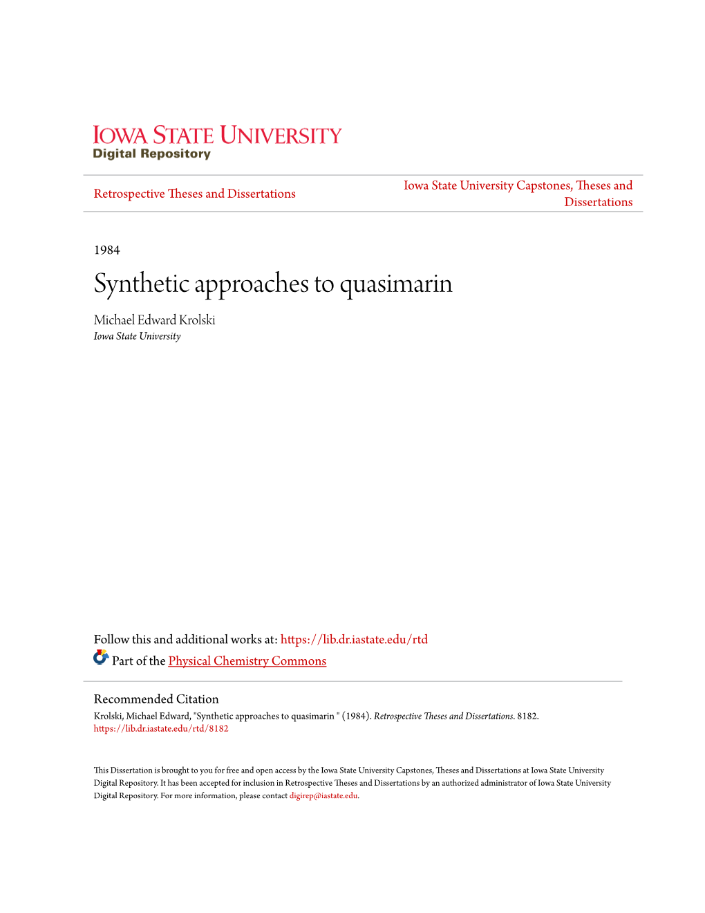 Synthetic Approaches to Quasimarin Michael Edward Krolski Iowa State University