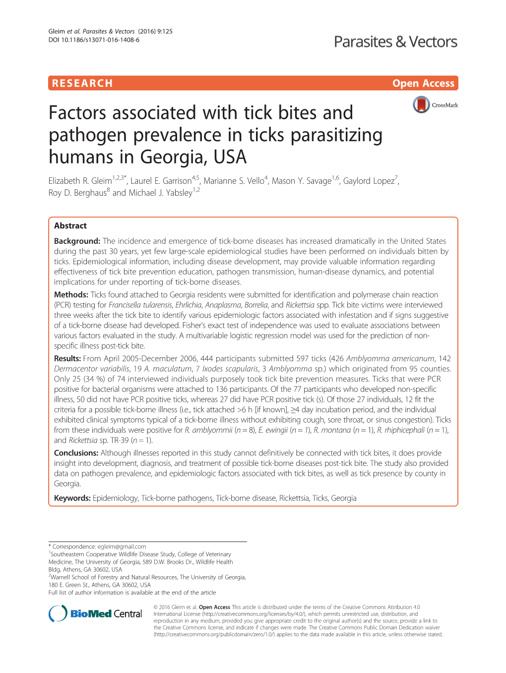 Factors Associated with Tick Bites and Pathogen Prevalence in Ticks Parasitizing Humans in Georgia, USA Elizabeth R