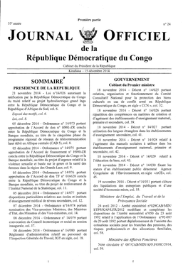 JOURNAL 0FFICIEL Dela Republique Democratique Du Congo Cabinet Du President De Ia Republique Kinshasa- 15 Decembre 2014