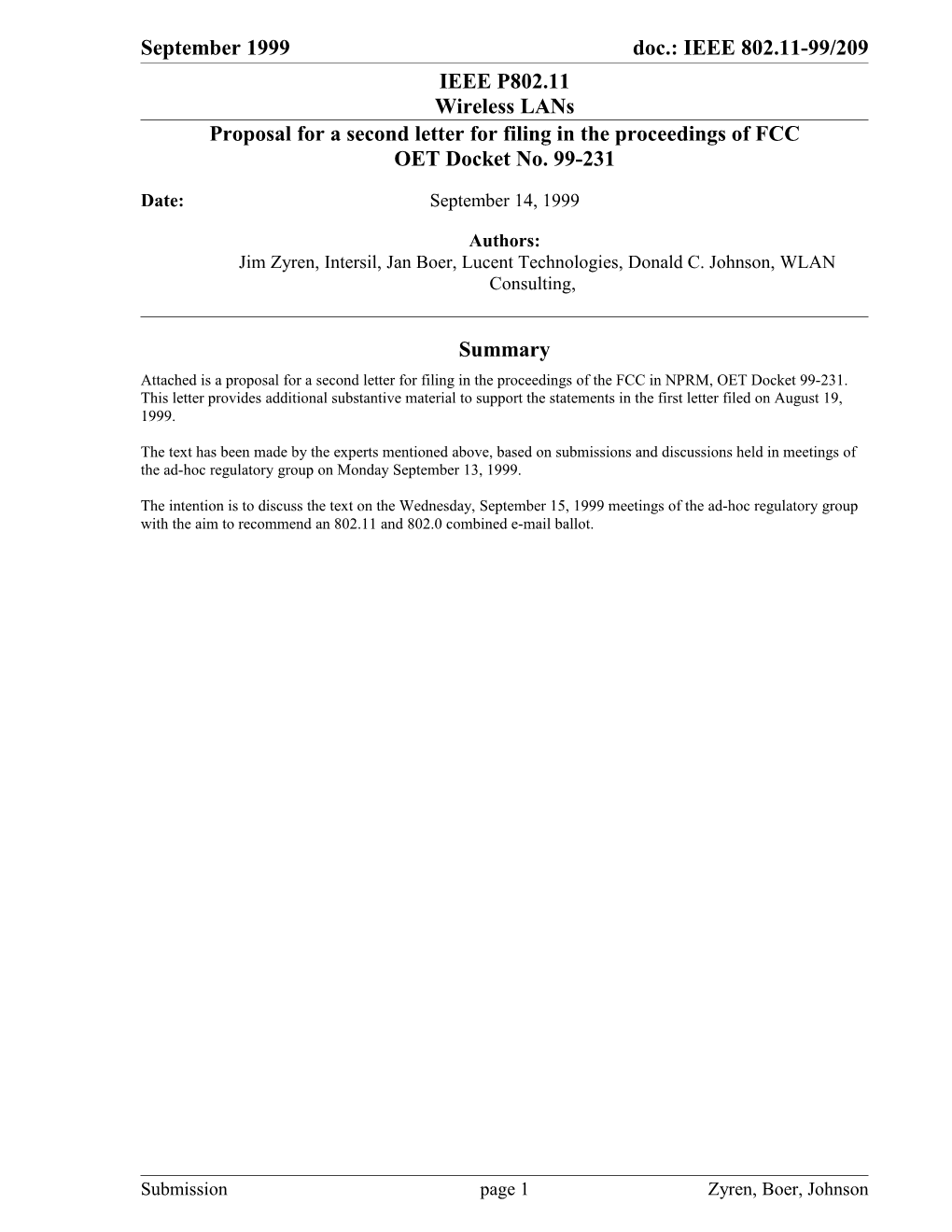 Proposal for a Second Letter for Filing in the Proceedings of FCC OET Docket No. 99-231