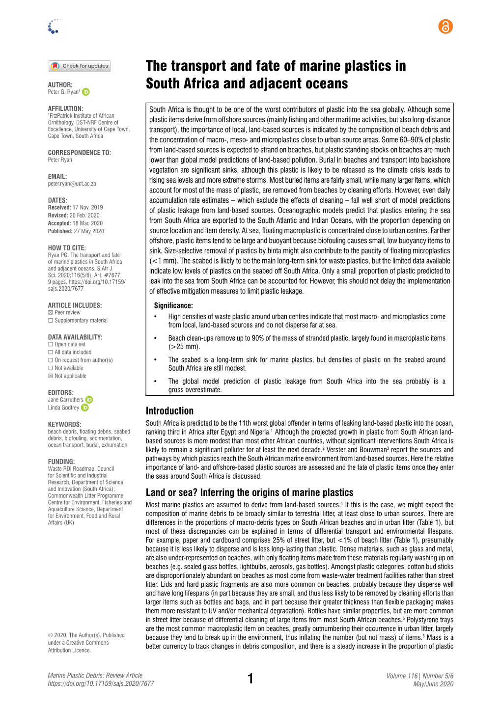 The Transport and Fate of Marine Plastics in South Africa And