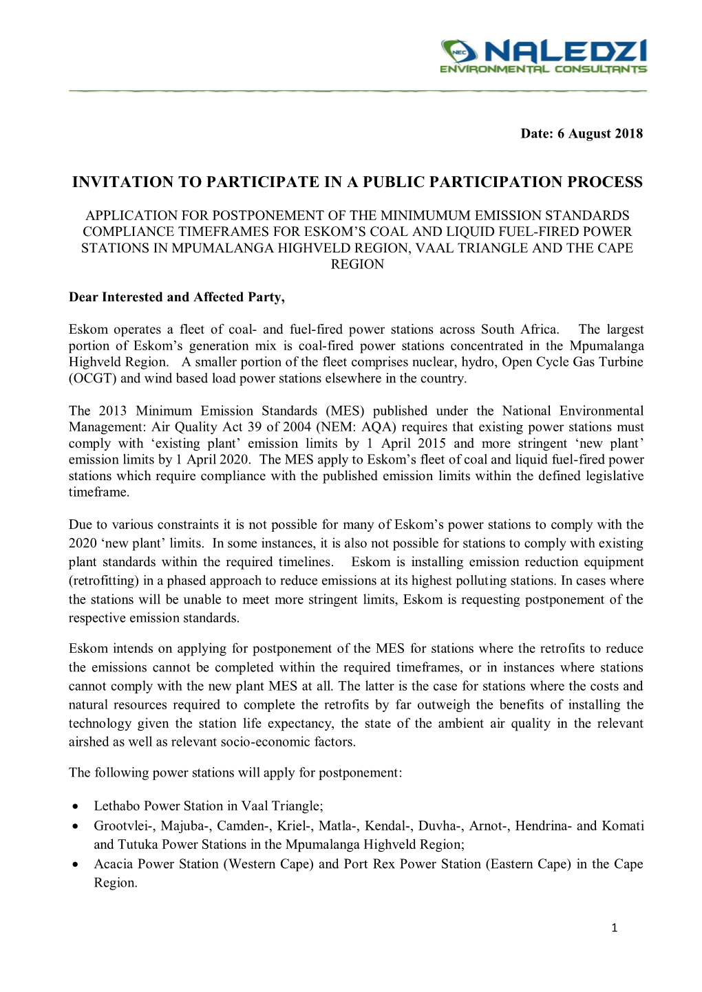 Invitation to Participate in a Public Participation Process