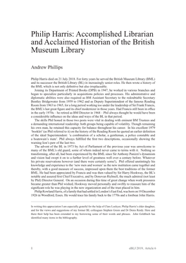 Philip Harris: Accomplished Librarian and Acclaimed Historian of the British Museum Library
