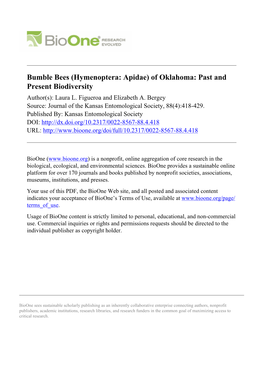 Bumble Bees (Hymenoptera: Apidae) of Oklahoma: Past and Present Biodiversity Author(S): Laura L